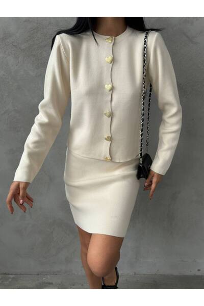 Lusin Women's Ecru Gold Heart Button Detailed Cardigan Skirt Double Knitwear Set