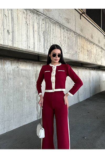 Lusin Burgundy Women's Knitwear Set - Cardigan and Trousers with Gold Button Detail