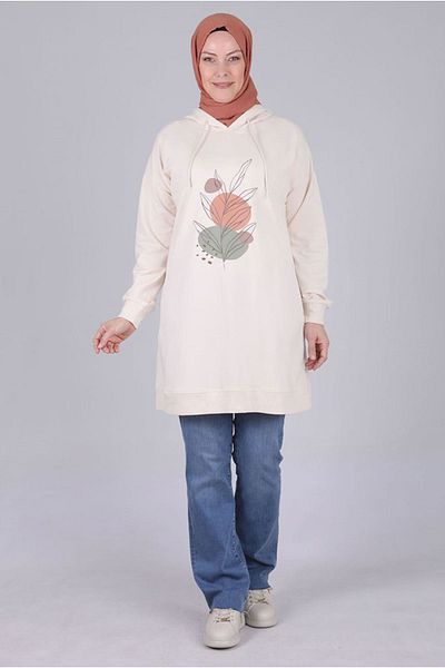 Moda Rosa 25K2054 - Vanilla - Plus Size Hijab Printed Tunic