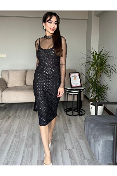 AB LOOKS Kadın Siyah Işıltılı Parlak Varaklı Midi Tül Elbise Düğün Nişan Mezuniyet Özel Gün Davet Elbisesi