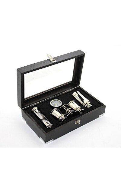 ECOME مجموعة بوصلة مناظير نحاسية وساعة رملية مع صندوق خشبي