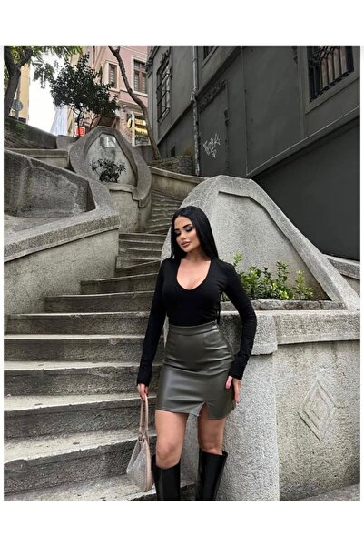 AL&SU BUTİK Шкіряна міні-спідниця з розрізом хакі