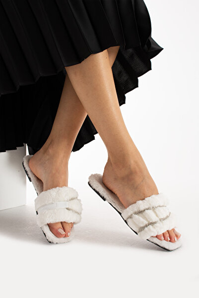 Genel Markalar BEYAZ Kadın Tüylü Terlik TAŞLI ŞIK, Pofuduk Rahat Ev Terliği Ç...