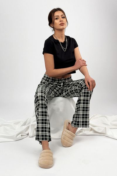 Betimoda Negru, alb, carouri, carouri, pantaloni de pijama pentru femei, din catifea, din bumbac