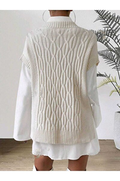 MODA MH İSTANBUL Moda Mh Knitted Patterned V-Neck Slit 75 cm Sweater