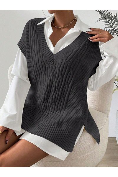 moda mh Knitted Patterned V-Neck Slit 75 cm Sweater.