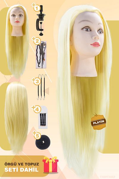 İnter Hairdresser Training Manikin - Fiber Synthetic Platinum Head 65 cm with Braid and Bun Set