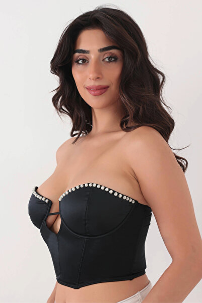 Brandpanty Sophie Women's Black Crop Top Bustier - Strapless, Pearl Detail and Tulle Underwire Back 5630084