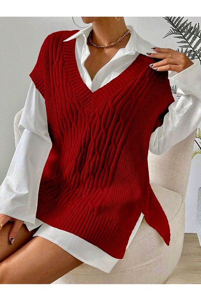 moda mh Knitted Patterned V-Neck Slit 75 cm Sweater.