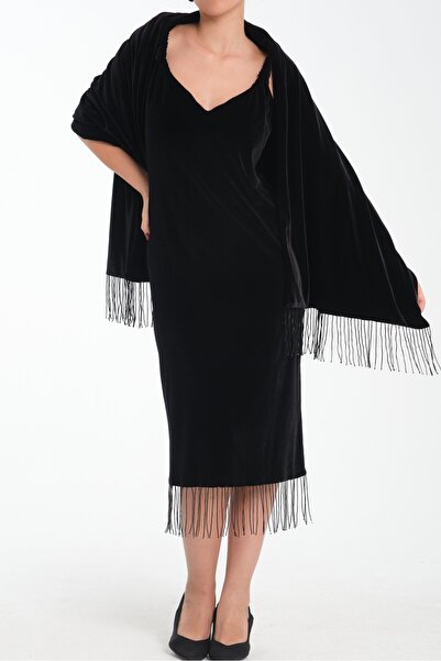 trikobis Special Design Velvet Shawl with Bead Fringe Detail
