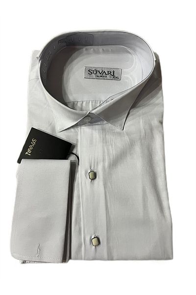 SÜVARİ Slim Fit Πέτο Γαμπρού Λευκό Κουμπί Λεπτομερές βαμβακερό σατέν πουκάμισο γαμπρού