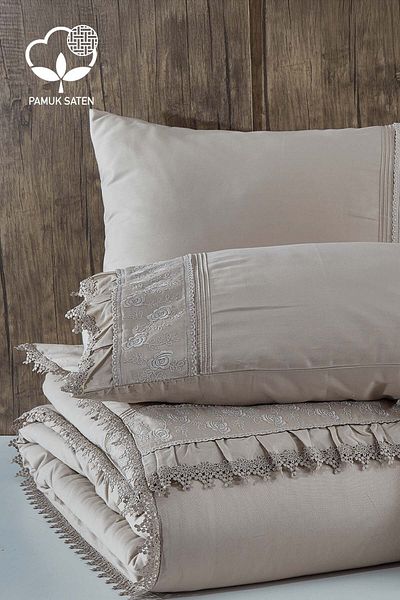 Nazik Home Комплект пликове за завивка Alina Lace Double от 6 части от памучен сатен