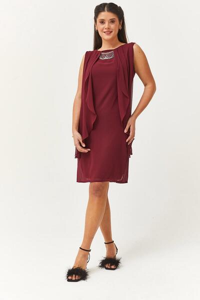 Ebsumu Kadın Büyük Beden Yaka Aksesuarlı Kolsuz Bordo Abiye & Davet Elbisesi