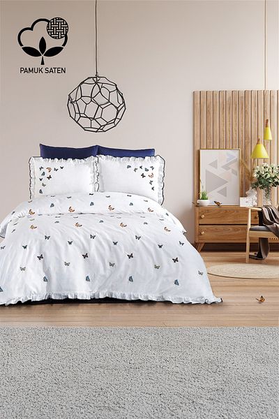 Nazik Home Laura Butterfly Embroidered Cotton Satin Double Duvet Cover Set