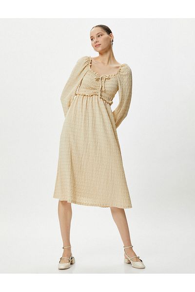 Koton Textured Maxi Dress - Long Sleeve, Gipe Detail and Ruffle Applique