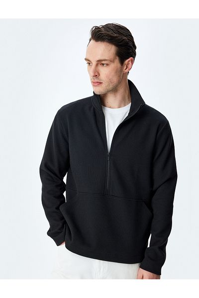 Koton Kangaroo Pocket Long Sleeve Basic Half Zip Sweatshirt