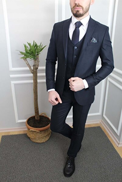 AGUSTİNİ Koyu Lacivert Yelekli Takım Elbise Slim Fit | Agustini