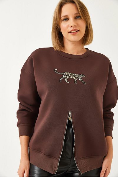 Bianco Lucci Women's Three Thread Raised Front Zippered Leopard Printed Sweatshirt 60351258