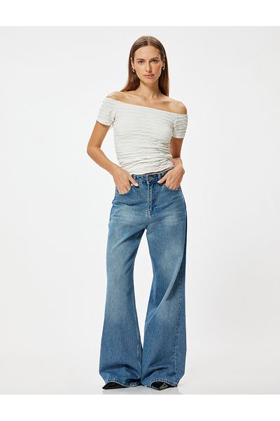 Koton Madonna Collar Off-The-Shoulder T-Shirt Textured Short Sleeve Slim Fit