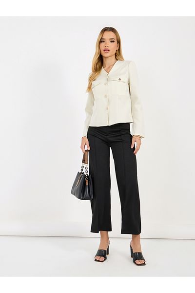 Styli Tweed V Neck Blouse with Chest Pocket Details