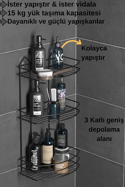 Tekno-tel Organizator de baie adeziv TEKNOTEL cu 3 niveluri - Set suport pentru șampon și săpun, negru ST009