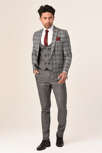 AGUSTİNİ Agustini - Gray PlaidSlimFit Pointed Collar Suit with Vest