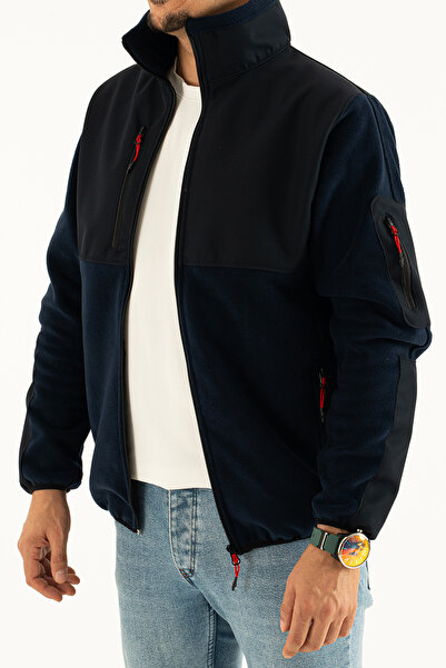 Souris Ανδρικό φούτερ από φλις με μαλακό κέλυφος με φερμουάρ, στενή εφαρμογή, μπλε ναυτικό