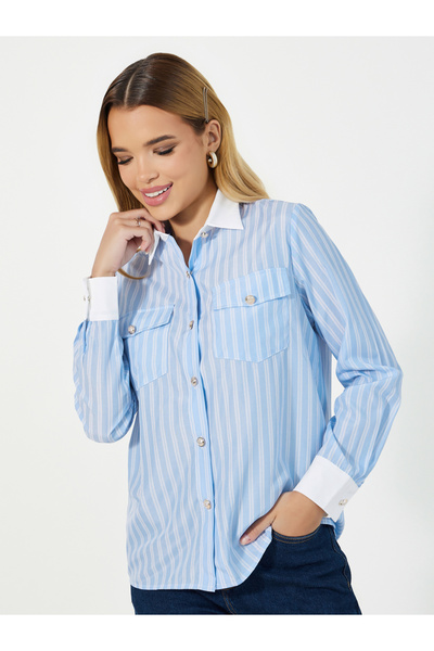 Styli Striped Chest Pocket Shirt with Contrast Collar Detail