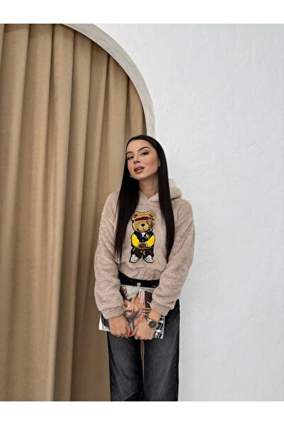 İLKCET MODA Φούτερ με κουκούλα βελούδινο αρκουδάκι με κέντημα