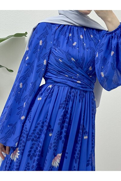 Modamorfo Bel Ve Boyundan Büzgülü Balon Kol Astarlı Şifon Elbise -saks