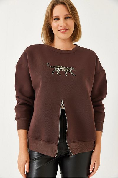 Bianco Lucci Women's Three Thread Raised Front Zippered Leopard Printed Sweatshirt 60351258