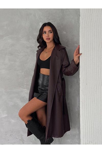 HESİODOS Women's Burgundy Belted Leather Jacket Leather Trench Coat