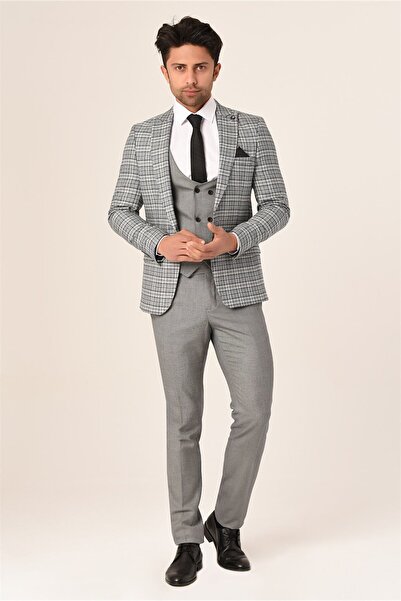 AGUSTİNİ Gri Ekose Yelekli Sivri Yaka Kombin Takım Elbise Slim Fit | Agustini