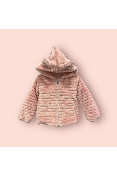 Lumia Baby Striped Girl's Plush Coat with Ear Detail