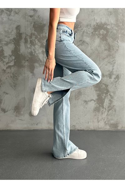 Linarose Pantaloni din denim cu picior tubular, cu tăietură relaxată, talie înaltă, cu detaliu cu fante - Blugi Victoria Slim