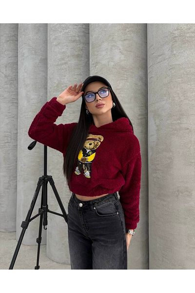 İLKCET MODA Hanorac crop brodat cu glugă de pluș
