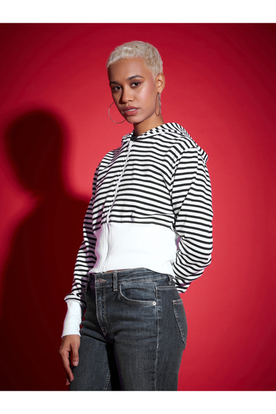 Sassafras By Styli Striped Fleece Hooded Jacket with Contrast Hem