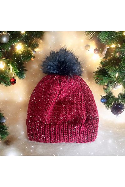 Baykuşca Silver Glitter Burgundy Beret, Hand Knitted Wool Beret