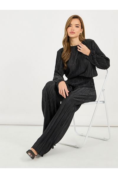 Styli Plisse Regular Fit Top & Wide Leg Pants Co-Ords