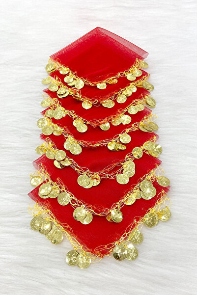 ZEYMERADE Kırmızı Gold Pullu Tül Halay Mendili 1 Adet, Gelin Damat Düğün Kına...