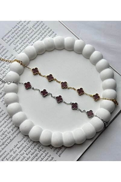 illys Silver Cleef Model Bordo Çelik Yonca Bileklik Mini Boy