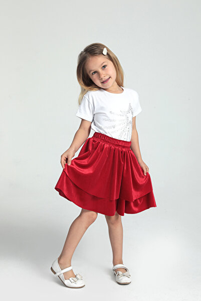 modabesta Kız Çocuk Kırmızı Beli Lastikli Kadife Etek