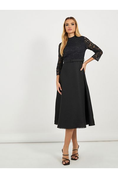 Styli Lace Insert Long Sleeves A-Line Midi Dress