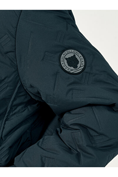 Styli Chevron Quilted Puffer Jacket with Faux Fur Lining & Badge Detail