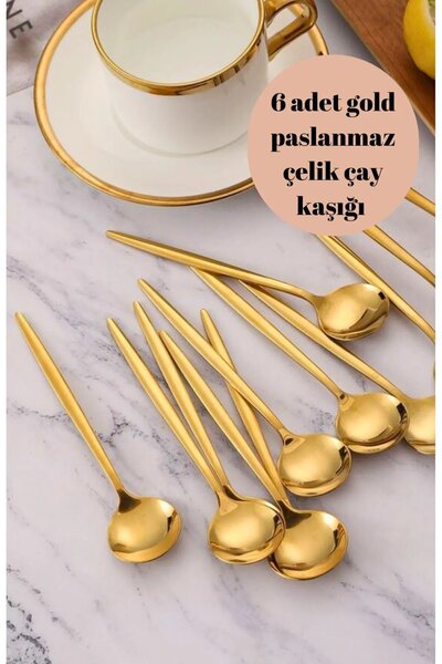 Genel Markalar 6 Adet Şık Parlak Gold Paslanmaz Titanyum Çelik Çay Kaşığı Kar...