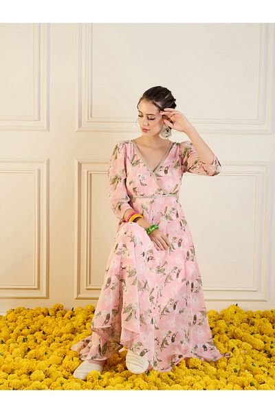 Sassafras By Styli All Over Floral Print V Neck Anarkali Maxi Dress