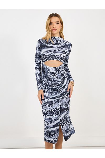 Styli Animal Print Cut-Out Detail Bodycon Midi Dress