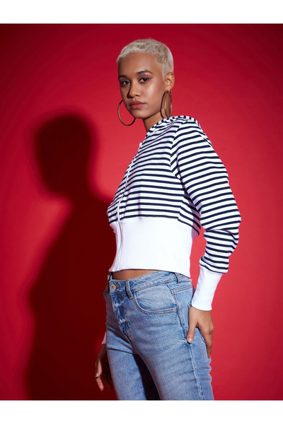 Sassafras By Styli Striped Fleece Hooded Jacket with Contrast Hem