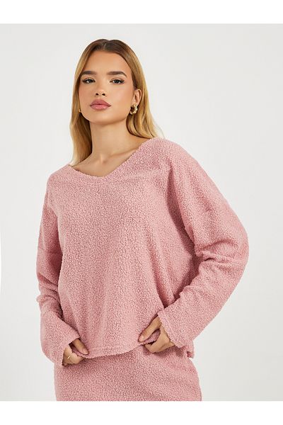 Styli Fur Texture Knit V Neck Top & Skirt Co-Ord Set