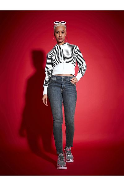 Sassafras By Styli Striped Fleece Hooded Jacket with Contrast Hem